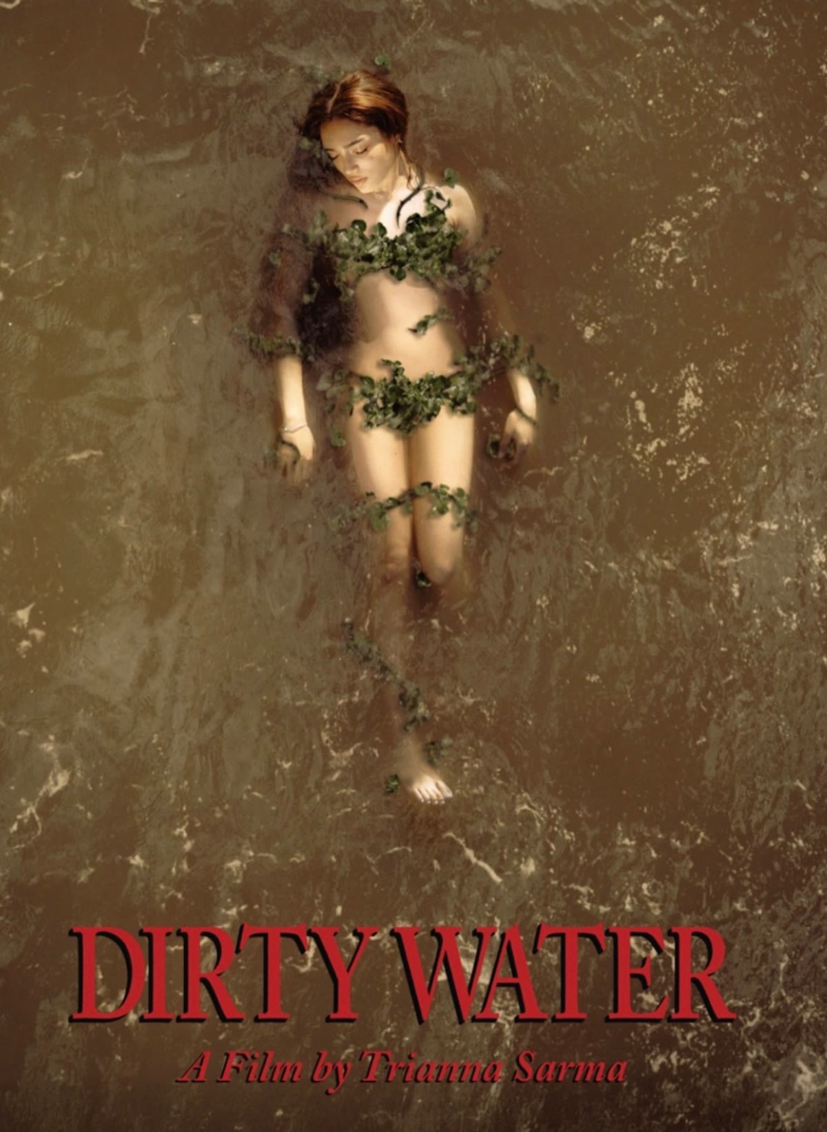 Floating figure in water, body wreathed in green leaves, beneath the red Dirty Water title.